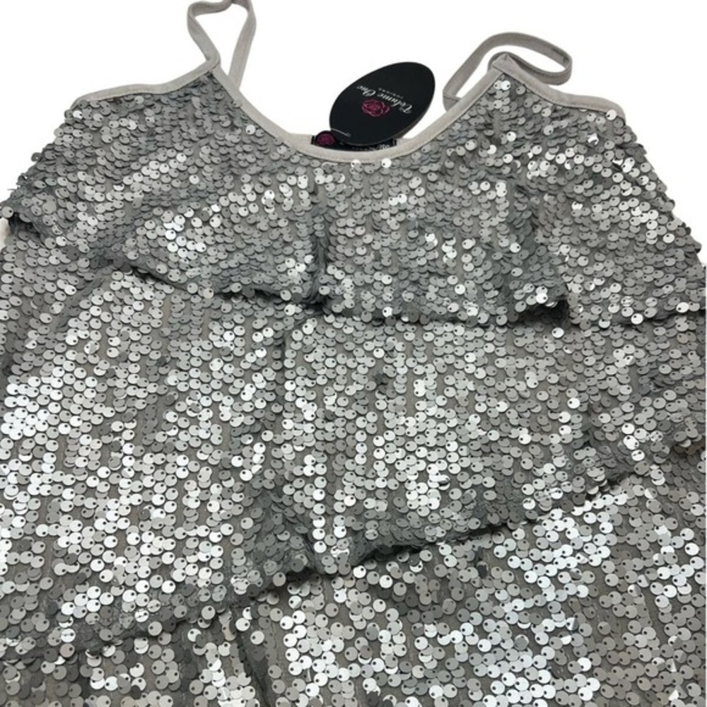 Volume One Women S Sequin Camisole Tiered Ruffle Silver Spaghetti Strap Tank Top